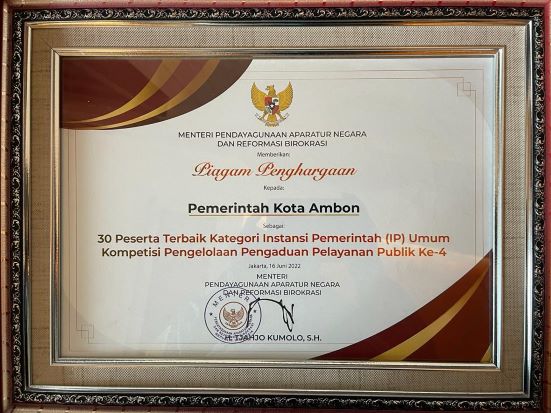 Kembali Kota Ambon Raih Piagam Penghargaan KemenPAN-RB