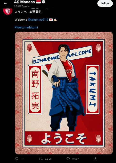 Unik, AS Monaco Perkenalkan Takumi Minamino dengan Karakter Manga
