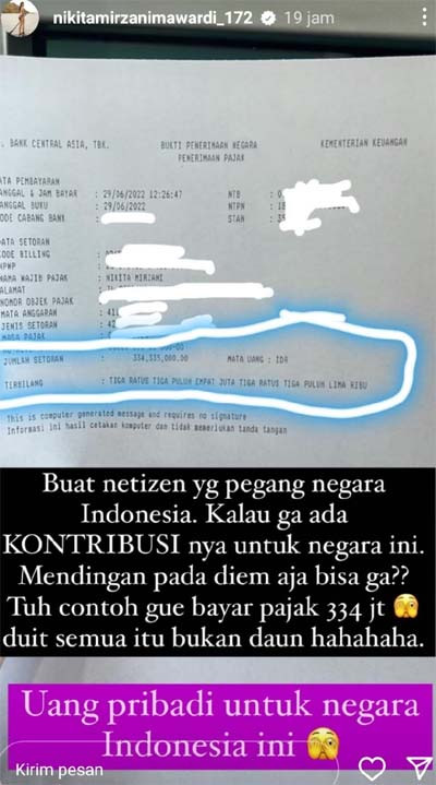 Nikita Mirzani Pamer Bukti Setoran Pajak, Jumlahnya Capai Rp334 Juta
