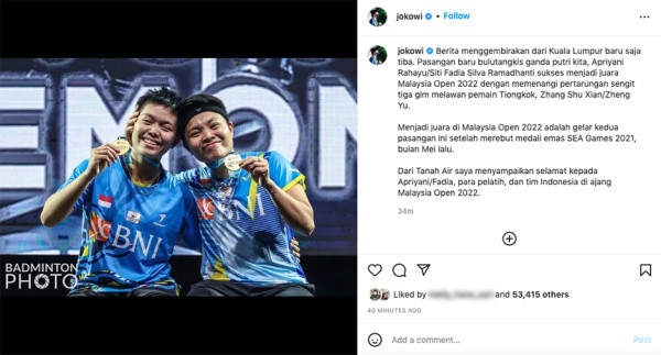Juara Malaysia Open 2022, Jokowi: Selamat buat Apriyani/Fadia