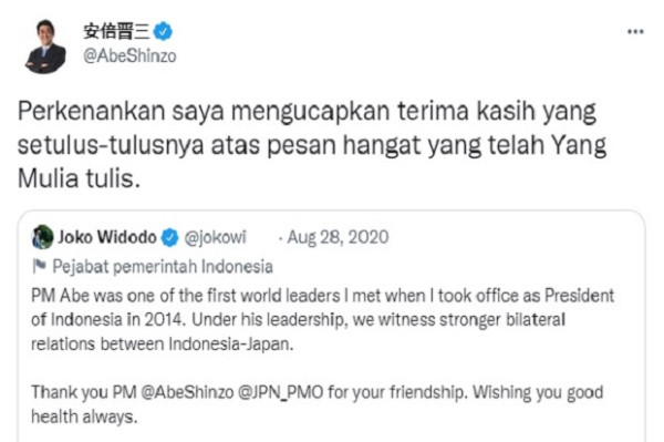 Mengenang Momen Shinzo Abe Balas Twitter Jokowi dengan Bahasa Indonesia