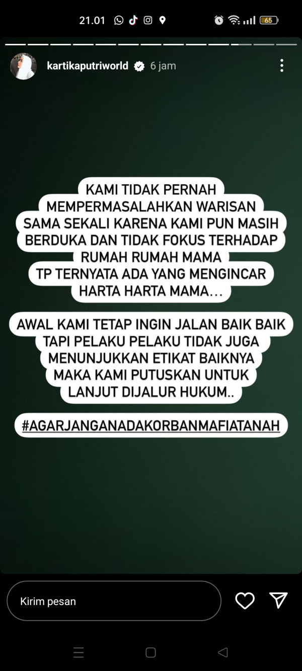 Kartika Putri Geram Sertifikat Tanah Warisan sang Ibu Dijadikan Jaminan Utang: Zolim!