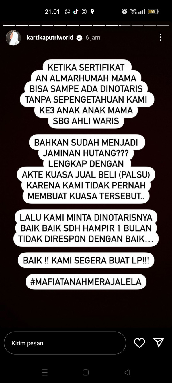 Kartika Putri Geram Sertifikat Tanah Warisan sang Ibu Dijadikan Jaminan Utang: Zolim!