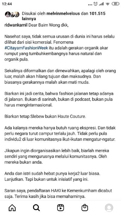 Ridwan Kamil Kritik Baim Wong usai Daftarkan Citayam Fashion Week ke PDKI: Biarkan Tetap Slebew Bukan Haute Couture