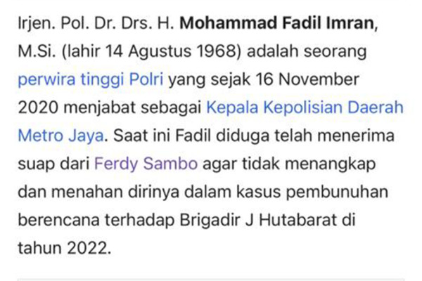 Profil Kapolda Irjen Fadil Imran di Wikipedia Diedit Terima Suap dari Ferdy Sambo, Pelaku Dilaporkan