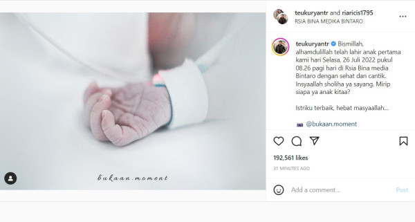 Ria Ricis Melahirkan, Teuku Ryan Beri Pujian: Istriku Terbaik, Hebat