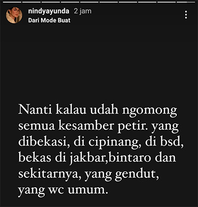 Nindy Ayunda Buka Suara dan Peringatkan para Seterunya: Nanti Kalau Ngomong Semua Kesamber Petir