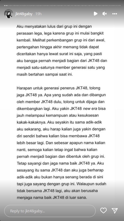 Lulus dari JKT48, Gaby Tulis Pesan Menyentuh untuk Generasi Baru