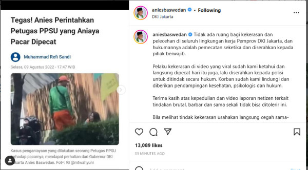 Pecat Oknum PPSU Aniaya Kekasih, Anies: Tidak Ada Ruang bagi Pelaku Kekerasan