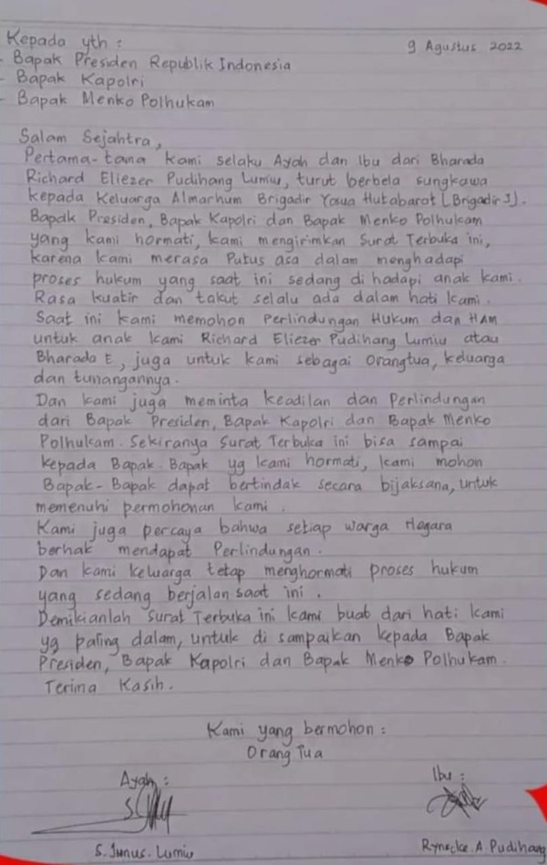 Putus Asa dengan Kasus yang Membelitnya, Orangtua Bharada E Surati Presiden, Kapolri, dan Menko Polhukam