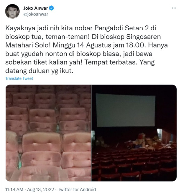 Joko Anwar Gelar Nobar Film Pengabdi Setan 2 di Bioskop Tua, Lokasinya Disebut Horor
