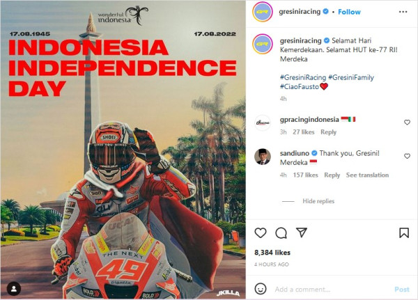 Gresini Racing Ucapkan Selamat Hari Kemerdekaan, Sandiaga Uno: Terima Kasih