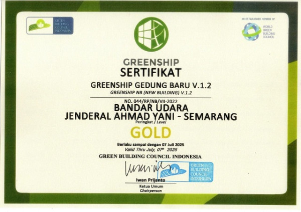 Bandara Jenderal Ahmad Yani Semarang Raih Sertifikat Greenship Building Kategori Gold