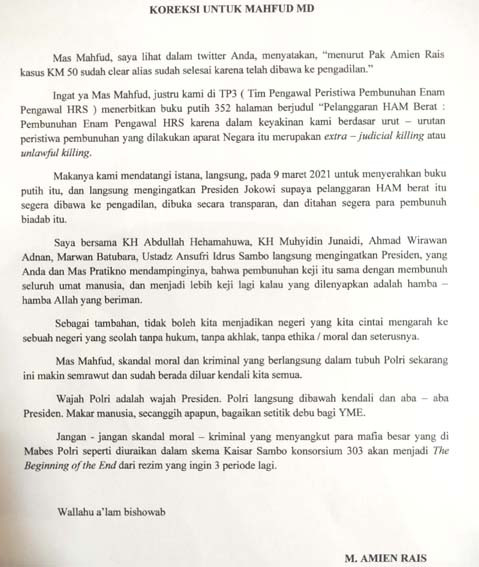 Amien Rais Koreksi Mahfud MD: Jangan Pernah Kutip Pernyataan Setengah-setengah