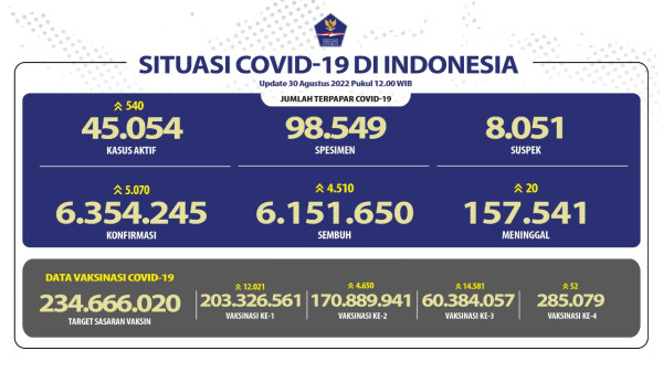 Update Covid-19 di Indonesia 30 Agustus 2022: Bertambah 5.070 Kasus, 20 Meninggal Dunia