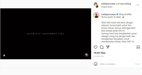 Indah Permatasari dan Arie Kriting Dikaruniai Anak Pertama