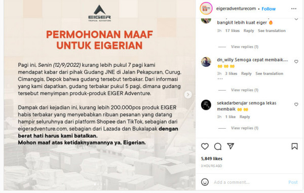Kebakaran Gudang JNE di Depok Hanguskan 200.000 Pieces Produk EIGER Adventure