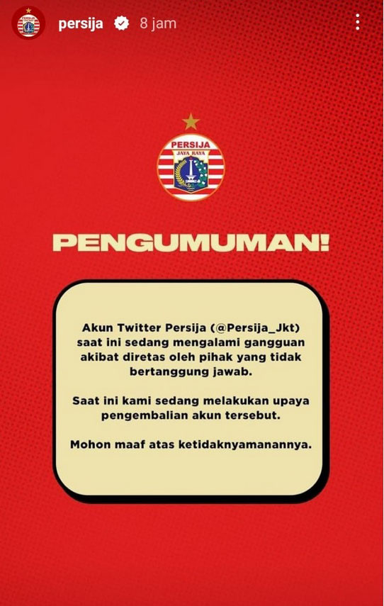 Persija Jakarta Beri Penjelasan Resmi Terkait Akun Twitter Kena Hack