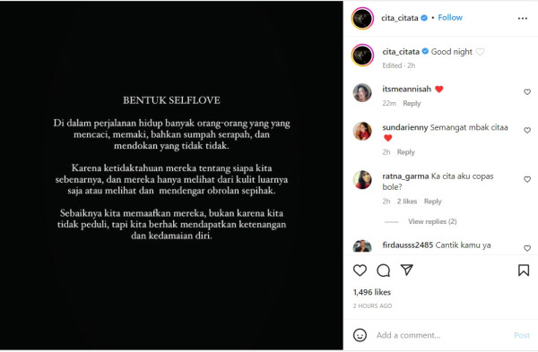Cita Citata Kembali Curhat di Instagram, Singgung soal Cacian dan Memaafkan