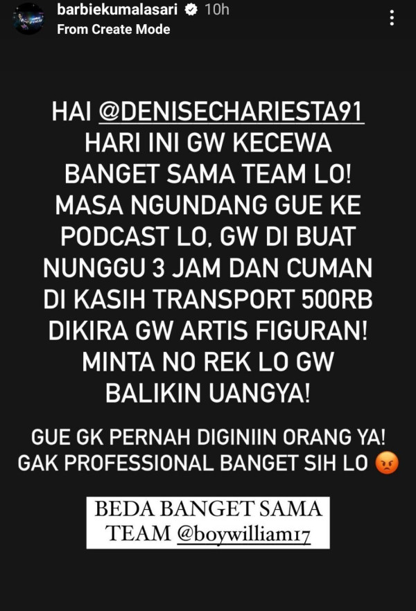 Jadi Bintang Tamu Podcast, Barbie Kumalasari Ngamuk Dibayar Denise Chariesta Rp500 Ribu