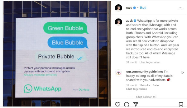 Gampang Hilangkan Chat, Mark Zuckerberg Klaim WhatsApp Lebih Aman Dibanding iMessage