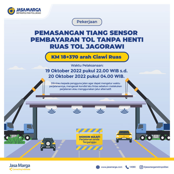 Masuk Tol Tanpa Berhenti, Ruas Tol Jagorawi Pasang Tiang Sensor Malam Ini