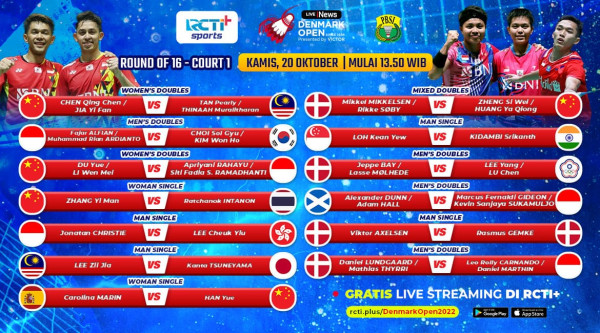 Live Streaming di RCTI+! Babak 16 Besar Denmark Open 2022: Dukung Perjuangan 7 Wakil Indonesia