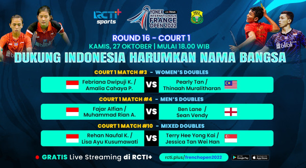 LIVE di RCTI+! Saksikan Perjuangan 9 Wakil Indonesia di Babak 16 Besar French Open 2022
