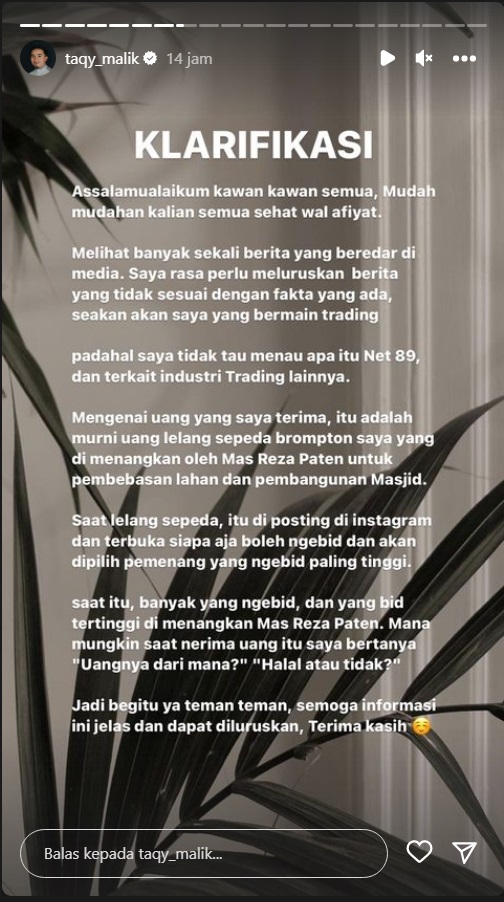 Taqy Malik Tepis Terlibat Penipuan Robot Trading Net89, Hasil Jual Sepeda Buat Bangun Masjid