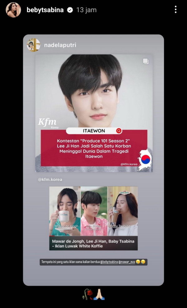 Pernah Syuting Iklan Bareng, Beby Tsabina Berduka Atas Meninggalnya Lee Ji Han di Tragedi Itaewon