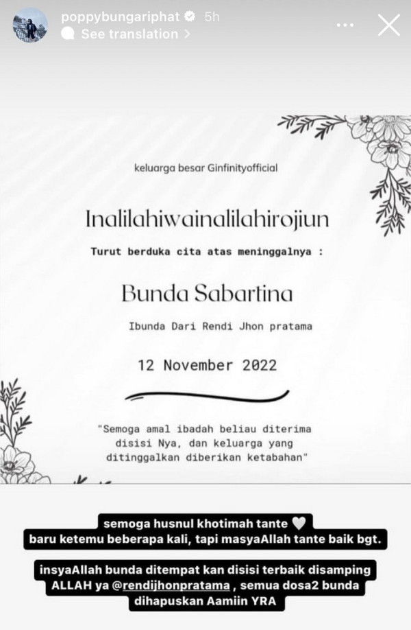 Poppy Bunga Sampaikan Belasungkawa atas Meninggalnya Ibunda Rendi Jhon