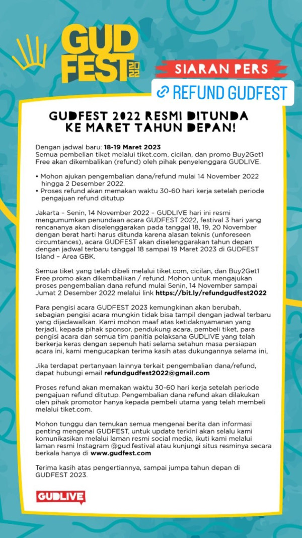 7 Konser Musik di Indonesia yang Dibatalkan atau Ditunda pada November 2022