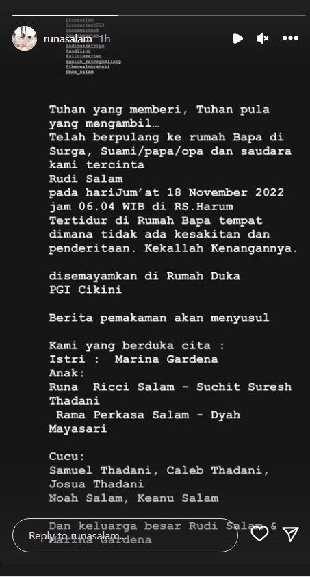 Jenazah Rudy Salam Akan Disemayamkan di Rumah Duka PGI Cikini