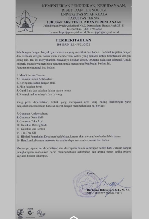Dosen Universitas Syiah Kuala Banda Aceh Keluhkan Bau Badan Mahasiswanya, Suratnya Viral di Medsos