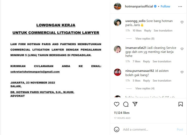 Hotman Paris Buka Lowongan Pekerjaan, Ini Posisi yang Dibutuhkan