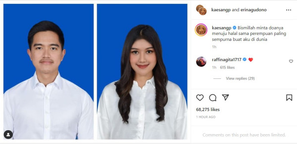 Kaesang Pangarep Unggah Foto Berlatar Biru Bareng Erina Gudono: Menuju Halal Sama Perempuan Paling Sempurna