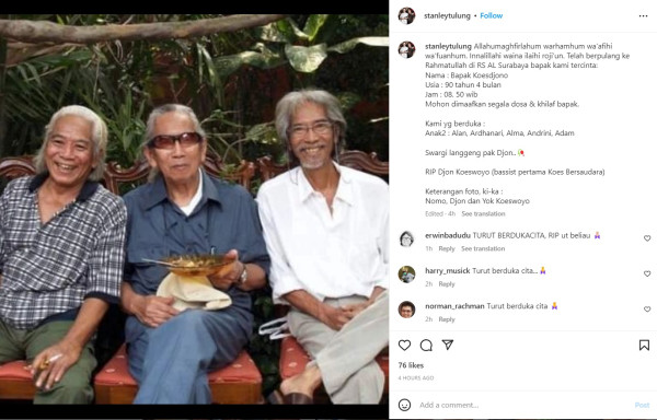 Djon Koeswoyo Bassist Pertama Koes Bersaudara Meninggal Dunia