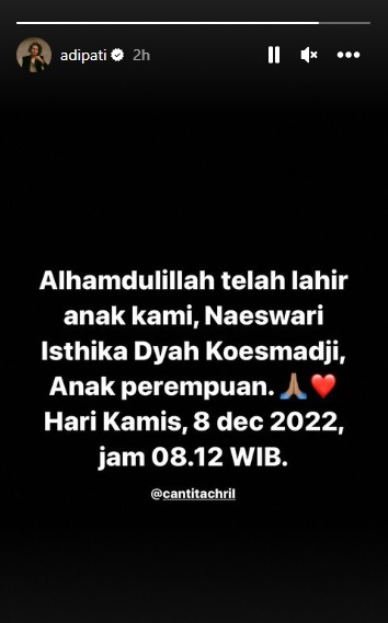 Adipati Dolken Bersyukur Telah Dikaruniai Buah Hati Berjenis Kelamin Perempuan