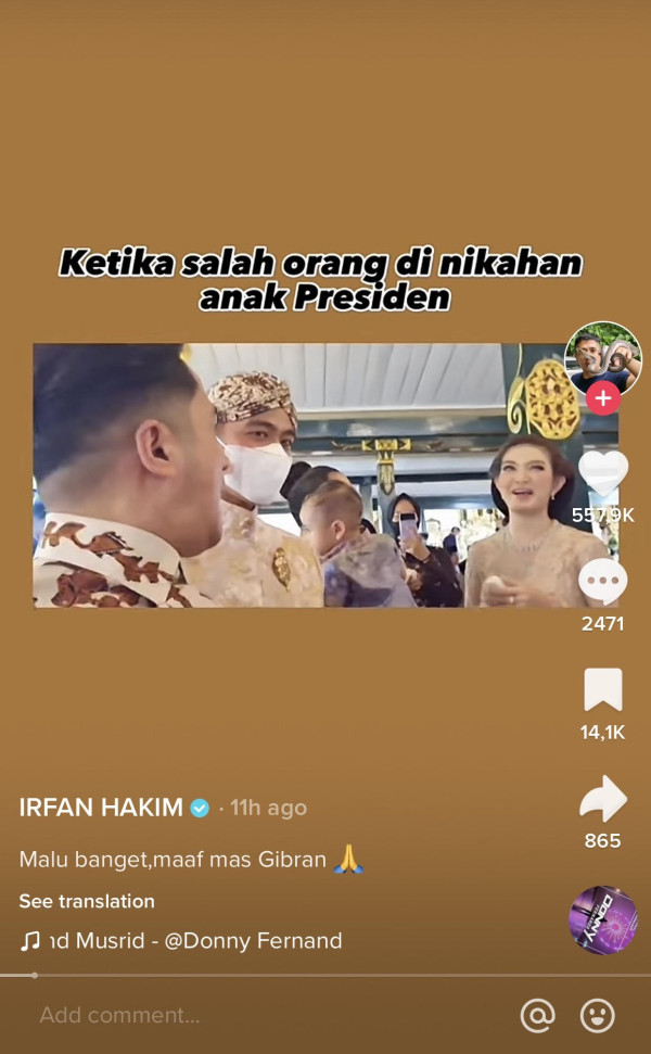 Momen Irfan Hakim Salah Sapa Pengantin, Gibran Dikira Kaesang Pangarep