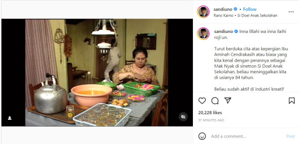 Sampaikan Dukacita Aminah Cendrakasih, Sandiaga Uno: Terima Kasih Telah Menghibur Rakyat Indonesia