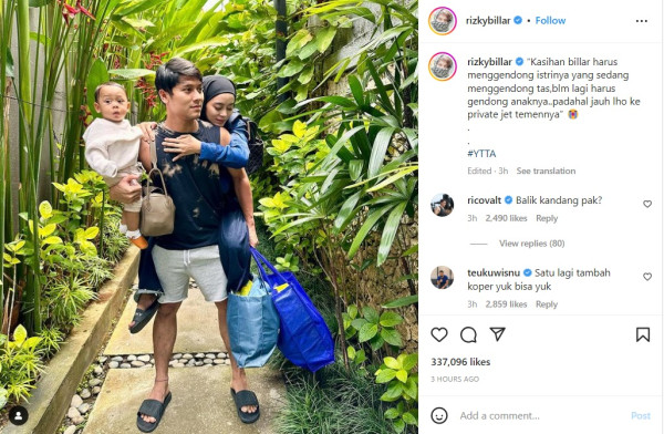 Rizky Billar Pamer Foto Gendong Lesti dan Anak Sambil Bawa Tas usai Disindir Netizen