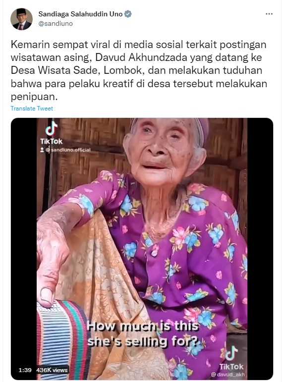 Sandiaga Uno Tegaskan Tidak Ada Penipuan di Desa Sade