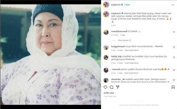 Duka Suti Karno atas Kepergian Aminah Cendrakasih: Selesai Sudah Rasa Sakit yang Kau Rasakan