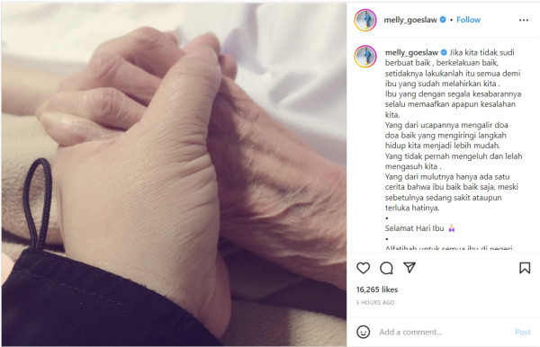 Melly Goeslaw Tulis Pesan Menyentuh di Hari Ibu, Ingatkan soal Bersikap Baik