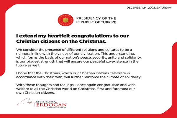 Erdogan Ucapkan Selamat Natal kepada Umat Kristen Seluruh Dunia