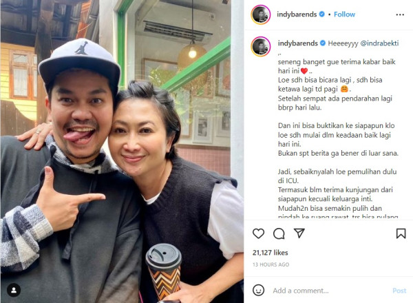 Indy Barends Bahagia Lihat Indra Bekti Sudah Bisa Tertawa