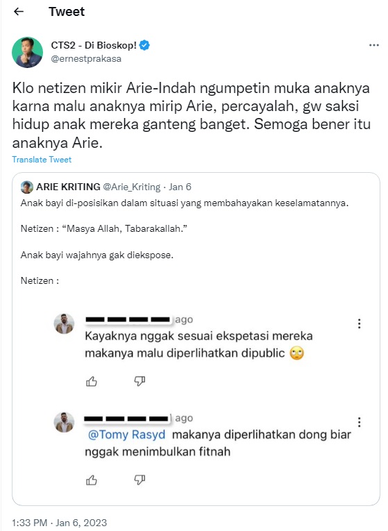 Bela Arie Kriting, Ernest Prakasa Sebut Anak Indah Permatasari Berwajah Ganteng