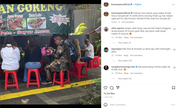 Heboh Hotman Paris Makan Pecel Lele di Pinggir Jalan Pakai Jas Mahal, Netizen: Nggak Panas Bang?