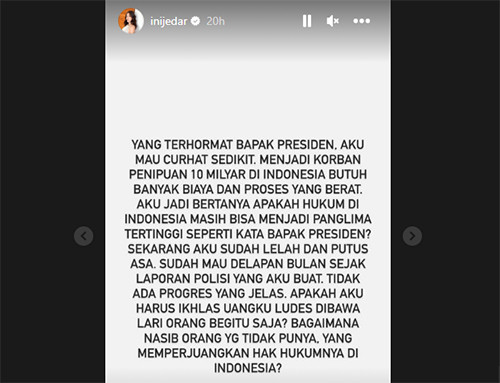 Jessica Iskandar Curhat ke Presiden Kasus Penipuan Rp10 Miliar Tak Ada Progres: Aku Lelah dan Putus Asa