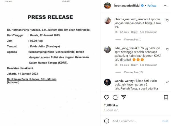 Hotman Paris Akan ke Surabaya Besok, Siap Dampingi Venna Melinda